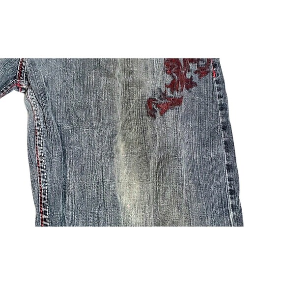 Y2K Black Baggy Jeans Mens 44 Red Dragon Print Faded Grunge Vintage Distressed - Picture 12 of 16